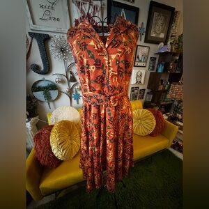 Miss Lulo Orange Sleeveless V-Neck Midi Sundress